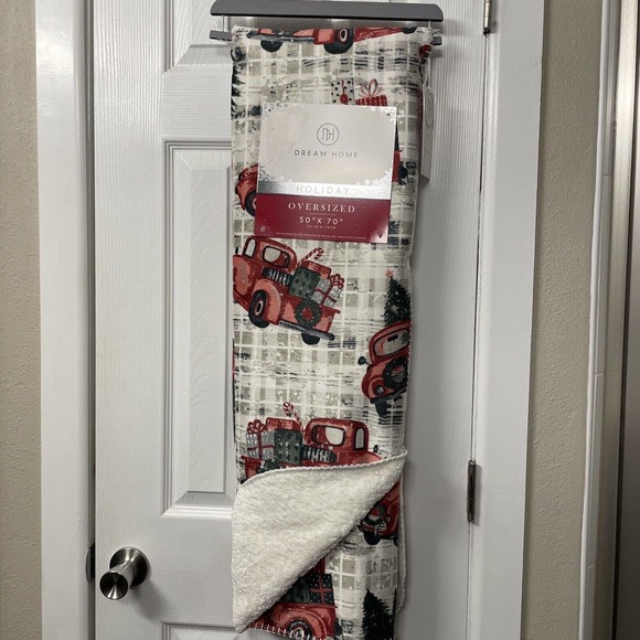 RED TRUCKS Plaid 50x70 Throw Blanket Christmas Tree by Dream Home Sherpa Back - Picture 2 of 10